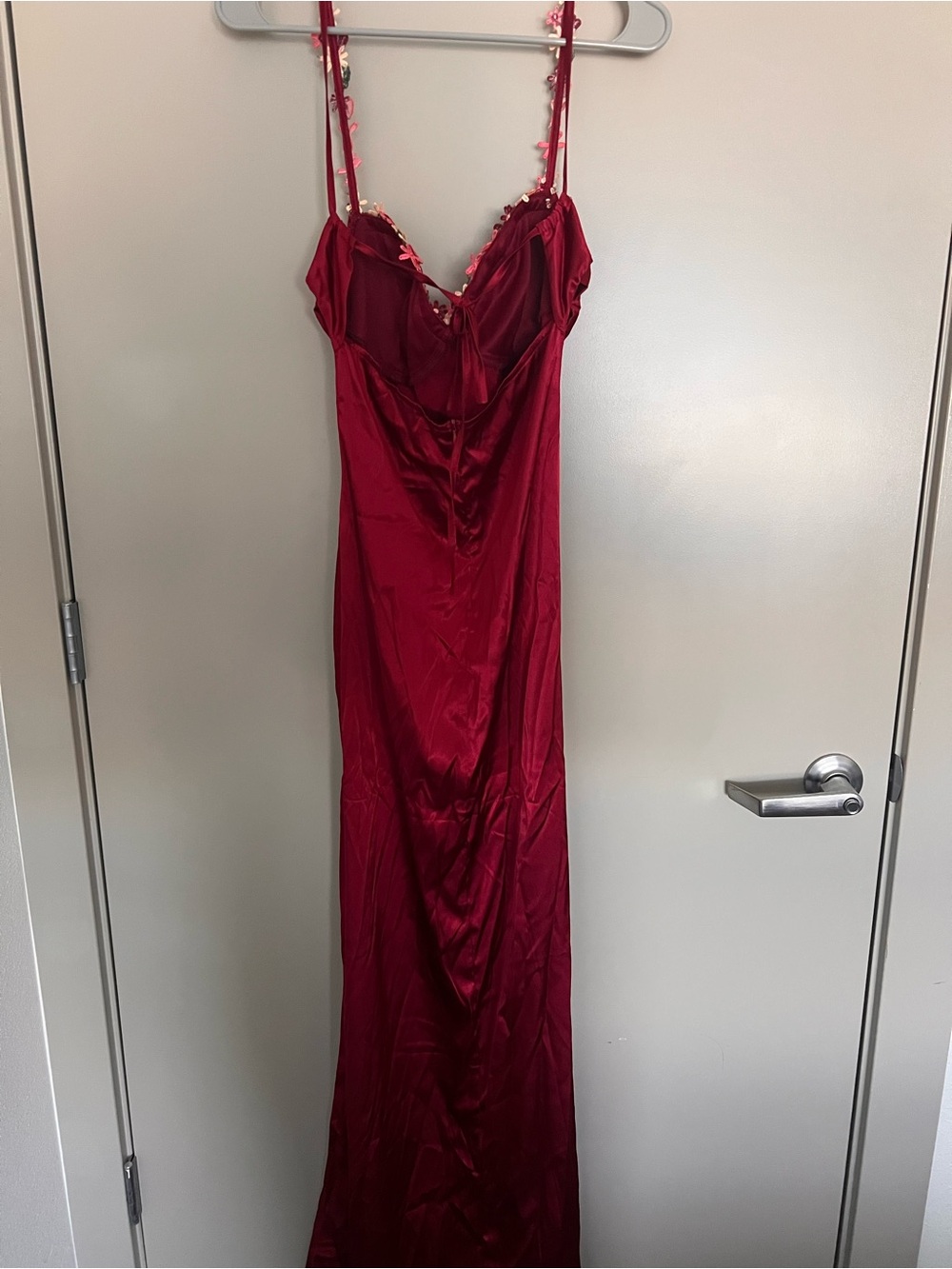 Satin Burgundy Maxi Dress with Floral-Embellished Straps - Picture 5 of 5
